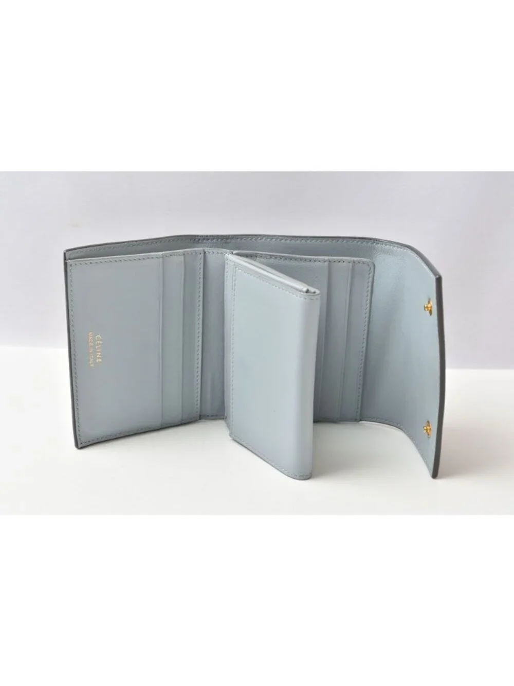 Celine Wallet Mini Small Folded Multi Function Trifold Gray Light Blue Leather